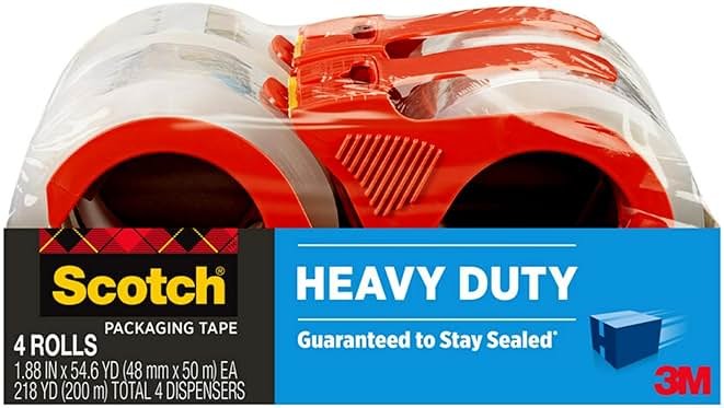 Scotch Heavy Duty Shipping Packing Tape, Clear, Shipping and Packaging Supplies, 1.88 in. x 54.6 yd., 4 Tape Rolls with 4 Dispensers - Product Image