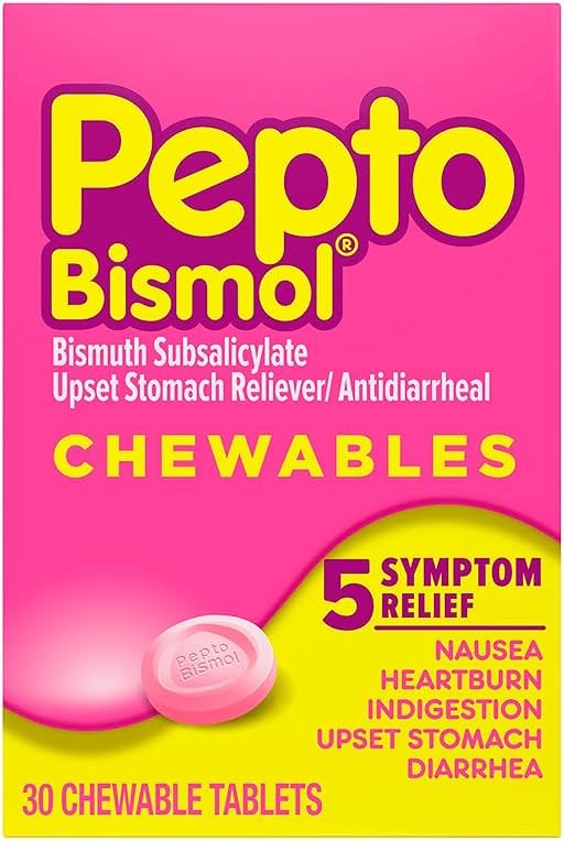 Pepto Bismol Chewable Tablets, Upset Stomach Relief, Nausea Relief, Heartburn Relief, Indigestion Relief, Anti Diarrhea Medication for Adults - 5 Symptom Relief, 30 ct - Product Image