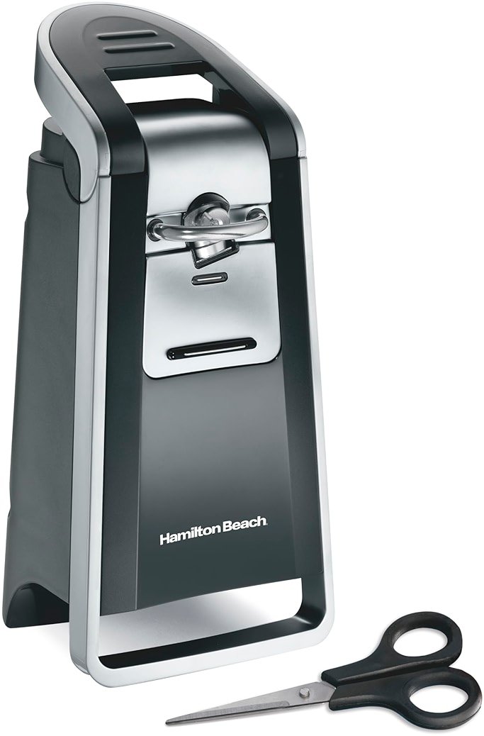 Hamilton Beach Smooth Edge Electric Automatic Can Opener for Kitchen with Easy Push Down Lever, Extra Tall, Includes Stainless Steel Scissors, Black and Chrome (76607) - Product Image