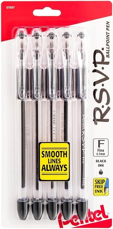 Pentel R.S.V.P. Ballpoint Pen, Fine Line, Black Ink, 5 Pack (BK90BP5A) - Product Image