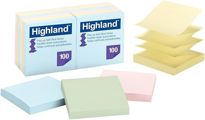 Highland Pop-up Sticky Notes, 3 x 3 Inches, Assorted Pastel Colors, 12 Pack (6549-PUA) - Product Image