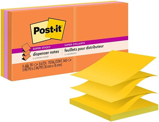 Post-it Super Sticky Dispenser Pop-up Notes, 6 Sticky Note Pads, 3 x 3 in., 2X the Sticking Power, School Supplies and Oﬃce Products, Use with Post-it Note Dispensers, Energy Boost Collection - Product Image