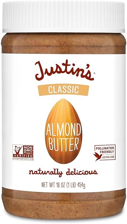 Justin's Classic Almond Butter, Only Two Ingredients, No Stir, Gluten-free, Non-GMO, Keto-friendly, Responsibly Sourced, 16 Ounce Jar, Pack of 1 - Product Image