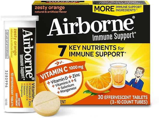 Airborne Immune Support Effervescent Tablets, Zesty Orange Flavor - 30ct with 1000mg Vitamin C + Vitamins A, D, E, Zinc, Selenium, Manganese & Herbal Blend - Sugar‑Free, Gluten‑Free - Product Image