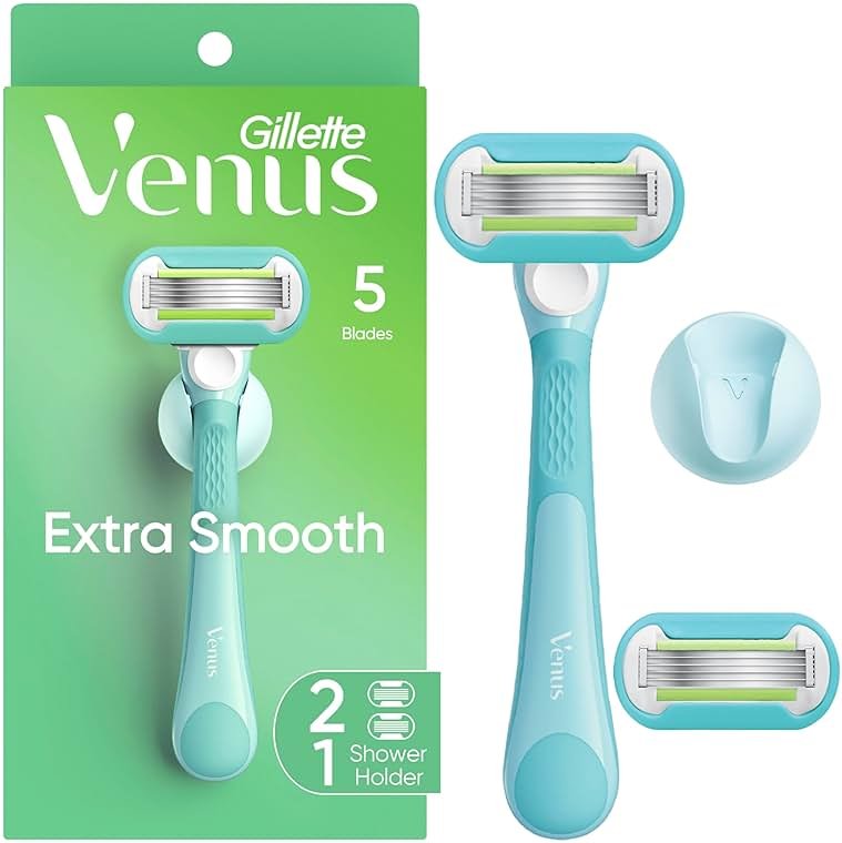 Gillette Venus Extra Smooth Razor for Women, Includes 1 Reusable Razor Handle + 2 Refills, Ergonomic No-Slip Gel Handle and Shower Holder - Product Image