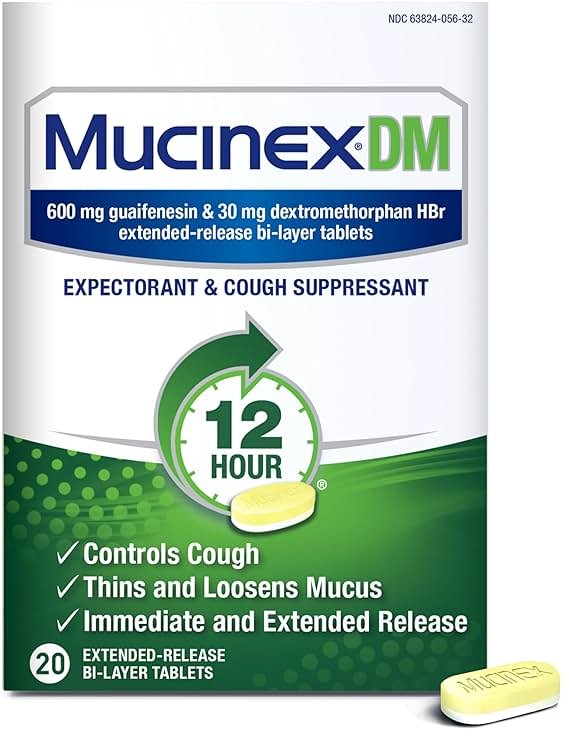 Mucinex DM 12Hr Chest Congestion & Cough Medicine for Adults, Cold and Cough Medicine for Excess Mucus Relief, 600 mg Guaifenesin & 30 mg Dextromethorphan HBr, 20 Bi-Layer Tablets - Product Image