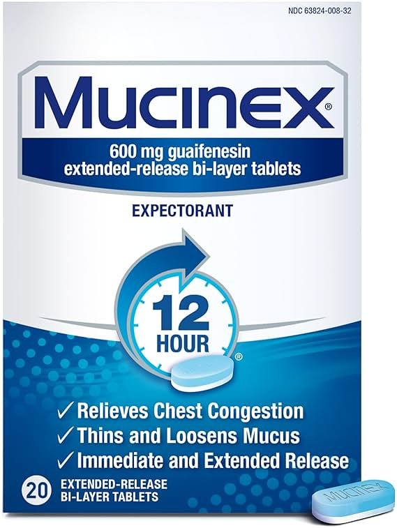 Mucinex 12 Hour 600 mg Guaifenesin Extended-Release Tablets for Excess Mucus Relief, Expectorant Aids Excess Mucus Removal, Chest Congestion Relief, 20 Bi-Layer Tablets - Product Image