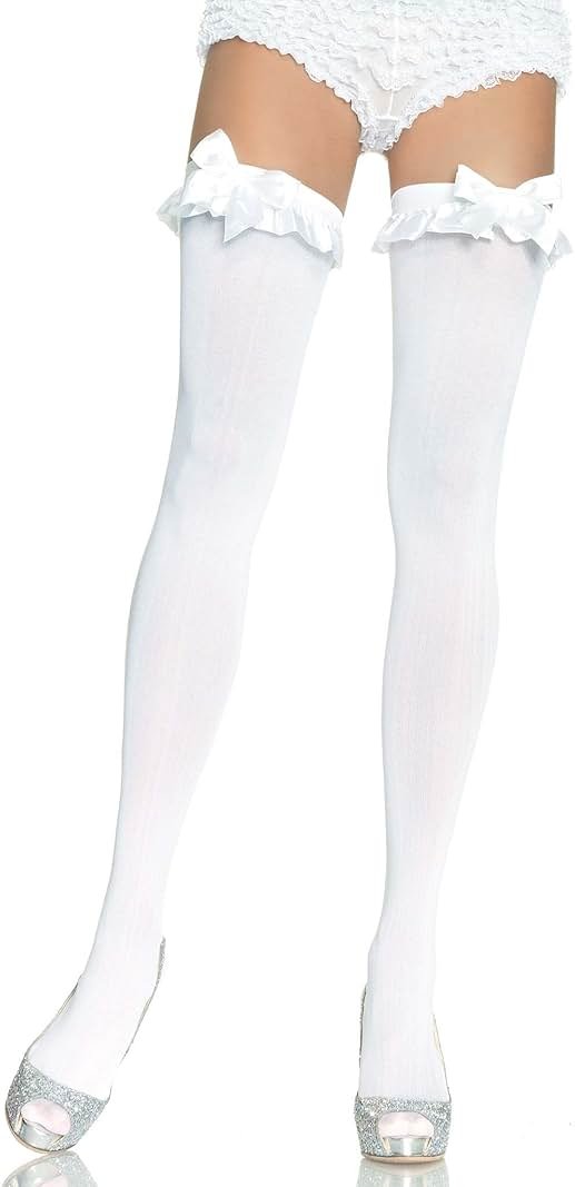 Leg Avenue Women's Opaque Thigh Highs with Satin Ruffle Trim and Bow - Product Image