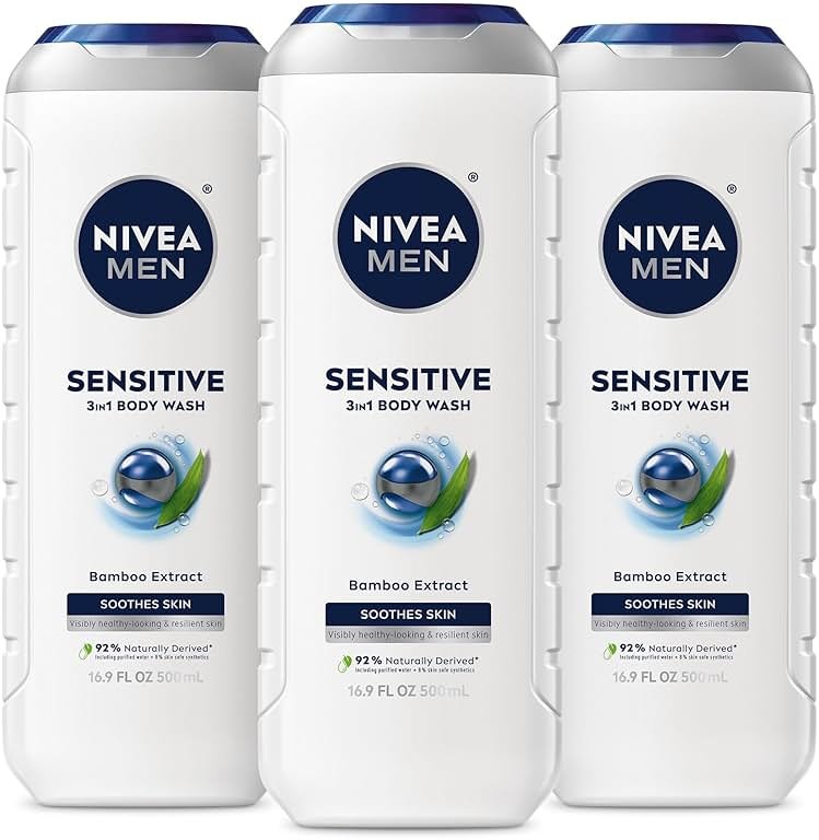NIVEA MEN Sensitive Body Wash with Bamboo Extract, Moisturizing Body Wash for Sensitive Skin, Soap Free Shower Gel for Men with No Drying Alcohol, 16.9 Fl Oz Bottle, Pack of 3 - Product Image