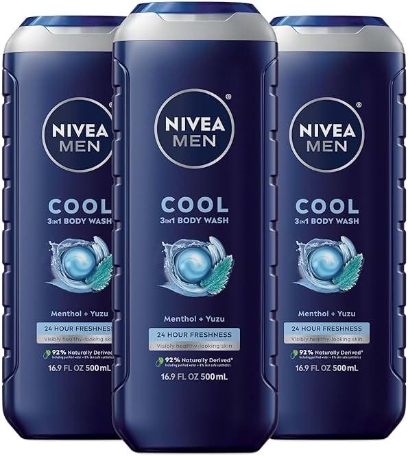 NIVEA MEN Cool Body Wash, Icy Menthol and Yuzu Scent, 3-in-1 Men's Body Wash, Face and Hair, Paraben Free, pH-Skin Friendly, 16.9 Fl Oz Bottle, Pack of 3 - Product Image