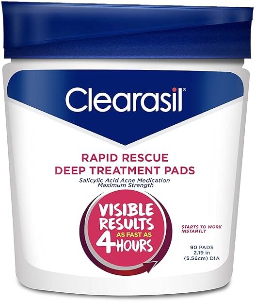 Clearasil Rapid Rescue Deep Treatment Acne Face Pads, Maximum Strenght with 2% Salicylic Acid Acne Treatment Medicine, 90 Count - Product Image