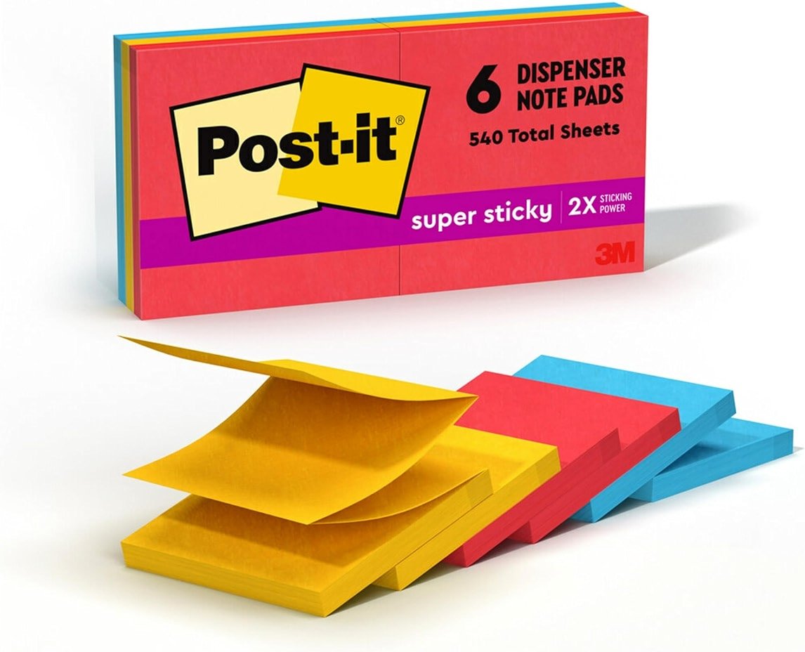 Post-it Super Sticky Dispenser Pop-up Notes, 6 Sticky Note Pads, 3 x 3 in., 2X the Sticking Power, School Supplies and Oﬃce Products, Use with Post-it Note Dispensers, Playful Primaries Collection - Product Image