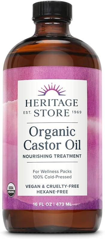HERITAGE STORE Organic Castor Oil - Glass Bottle - Nourishing Treatment for Hair and Skin - Eyelash Serum for Eyelashes, Brows, Castor Oil Packs - Cold Pressed, Hexane Free, Vegan 16oz - Product Image