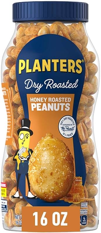 PLANTERS Honey Roasted Peanuts, Dry Roasted Peanuts, Party Snack, Plant-Based Protein, After School Snack, Sweet and Salty, Salted Nuts, Sea Salt & Honey, Snacks for Adults, Kosher, 16oz Jar - Product Image