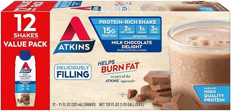 Atkins Milk Chocolate Delight High Protein Shake, 15g Protein, 2g Net Carb, 1g Sugar, Keto Friendly, Chocolate Flavored Protein Shakes, 12 Count - Product Image