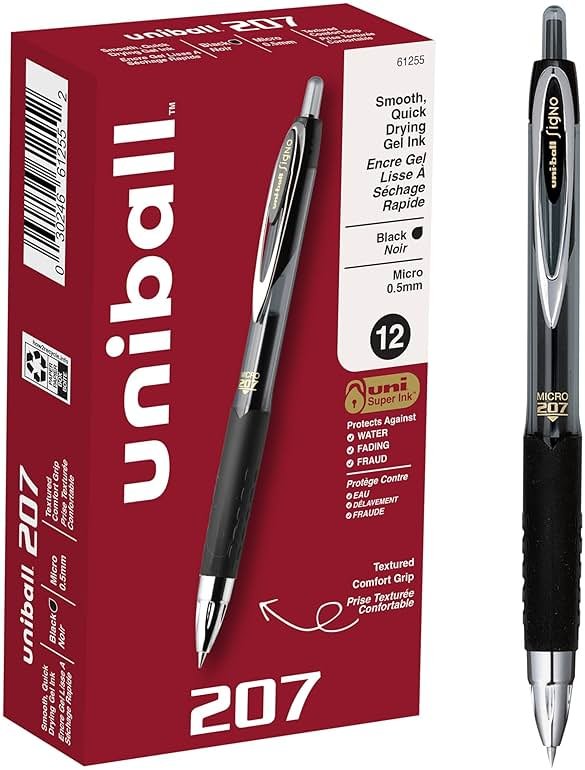 uniball 207 Retractable Gel Pens, Micro Point (0.5mm), Black, 12 Pack - Product Image