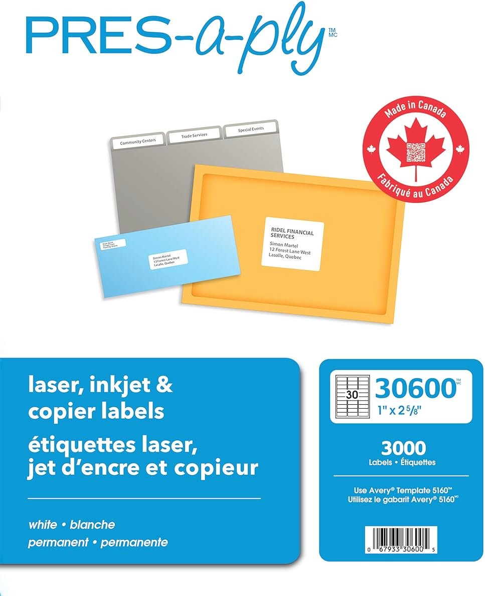 PRES-a-ply Laser Address Labels, 1 x 2-5/8, White, 3000/Box - Product Image