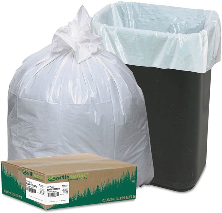 Earthsense Commercial RNW1K150V Recycled Can Liner, 13 gal, .85 mil, 24" x 33", White (Pack of 150) - Product Image