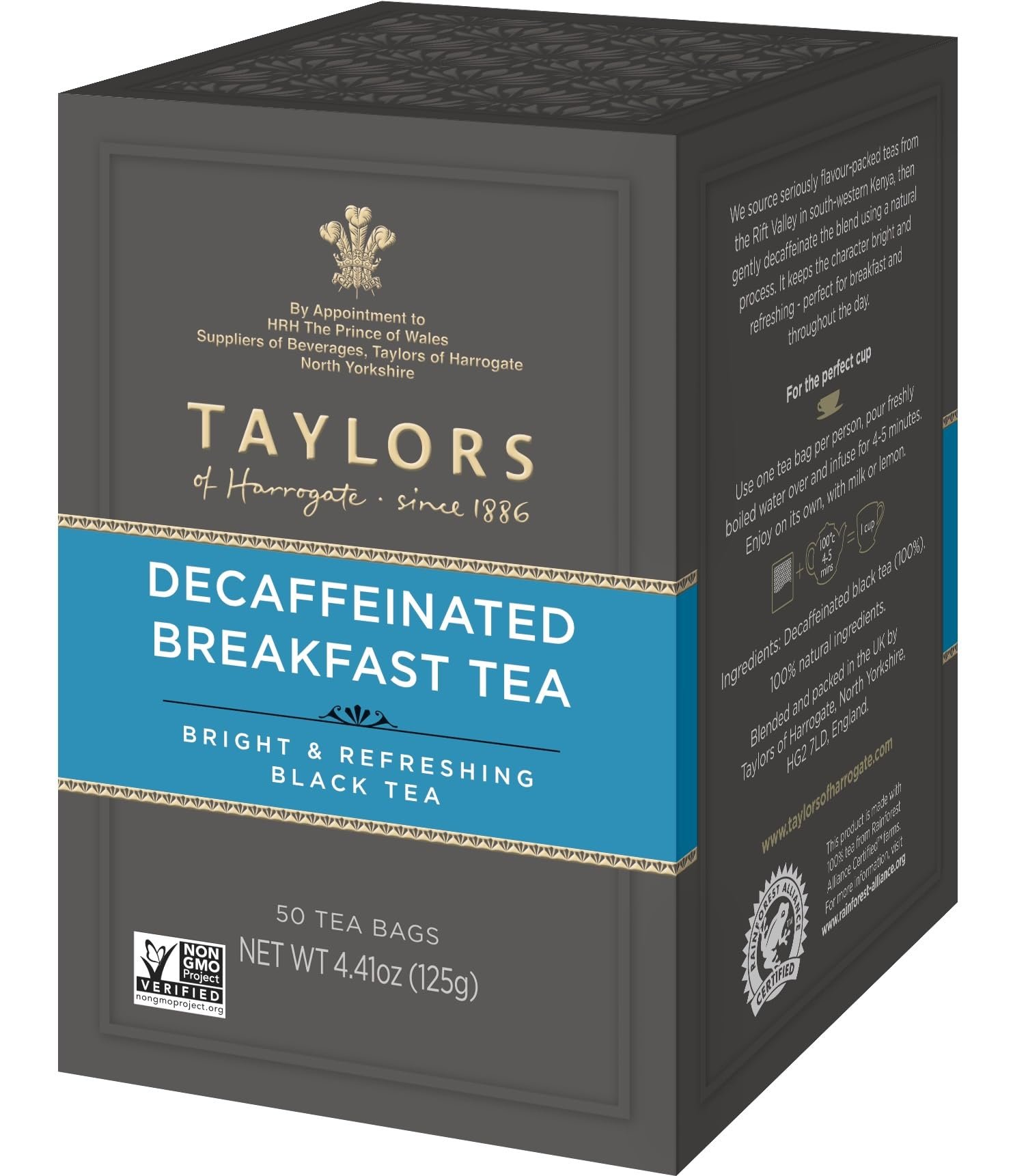 Taylors of Harrogate Decaffeinated Breakfast, Black Tea, Pillow Bags, 50 Count, (Pack of 1) Rich, Bright & Balanced, Decaffeinated, Enjoy Hot or Iced, 50 Teabags - Product Image