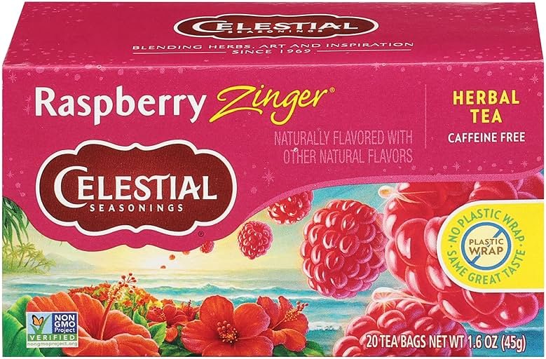 Celestial Seasonings Raspberry Zinger Herbal Tea, Caffeine Free, 20 Tea Bags Box - Product Image