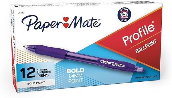 Paper Mate Profile Retractable Ballpoint Pens, Bold Point (1.4mm), Purple Ink, 12 Count - Journaling, Teacher Supplies, Note-Taking - Product Image