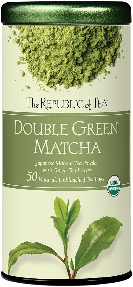 The Republic of Tea Organic Double Green Matcha, Individual Tea Bags with Japanese Matcha Tea Powder and Green Tea Leaves Blend, Natural Unbleached Bags in Reusable Tin Canister, 50 Tea Bags - Product Image
