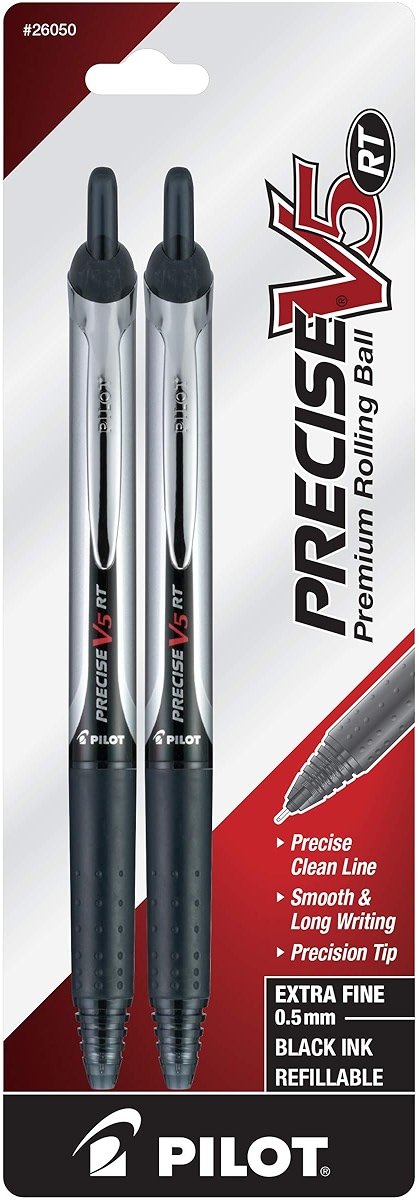 Pilot Precise V5 RT Refillable & Retractable Rollerball Pens, Extra Fine Point Pens 0.5 mm, Black, Pack of 2 - Ideal for School, Journaling & Office Writing - Product Image