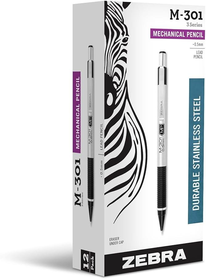 Zebra Pen, STEEL M-301 Mechanical Pencils, 0.5mm Fine Point, Refillable Lead, Stainless Steel Barrel, Built-in Eraser, Durable Clip, Lightweight Precision Pencil for Office or School, 12-Pack (54010) - Product Image