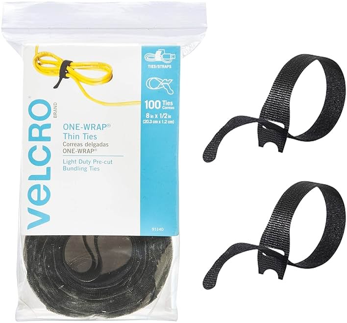 VELCRO Brand ONE-WRAP Cable Ties, 100Pk, 8 x 1/2" Black Cord Organization Straps, Thin Pre-Cut Design, Wire Management for Organizing Home, Office and Data Centers - Product Image