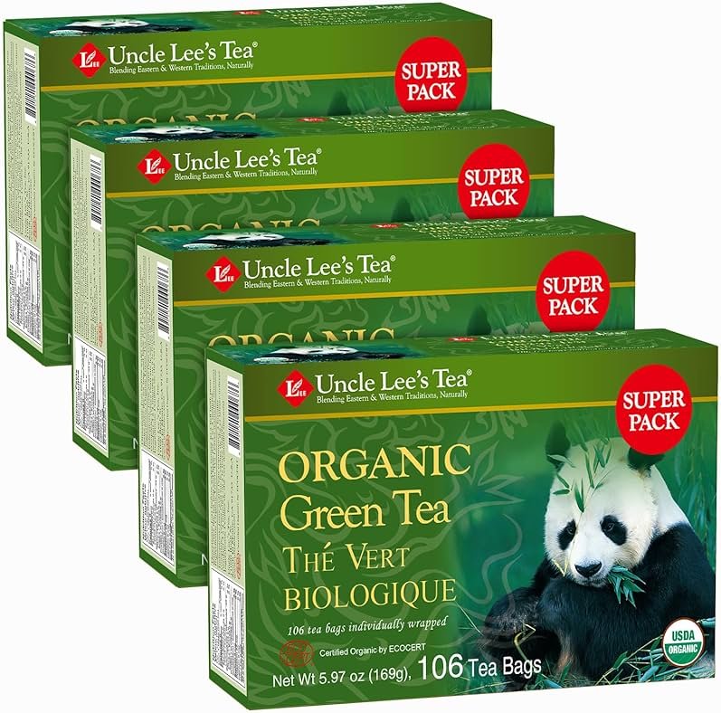 Uncle Lee's Organic Green Tea Bags 4-Pack, 106-Count Super Packs – Bright & Refreshing, Lightly Caffeinated Bulk Tea for Home, Office, Camping - Product Image