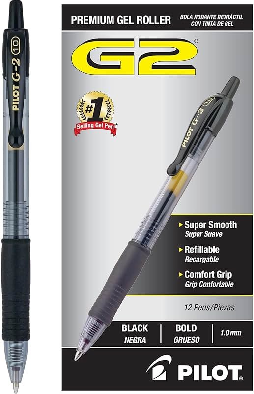Pilot G2 Premium Refillable & Retractable Rolling Ball Gel Pens, Bold Point, Bold Gel Pens, 1.0mm, Black Ink, 12-Pack - Product Image
