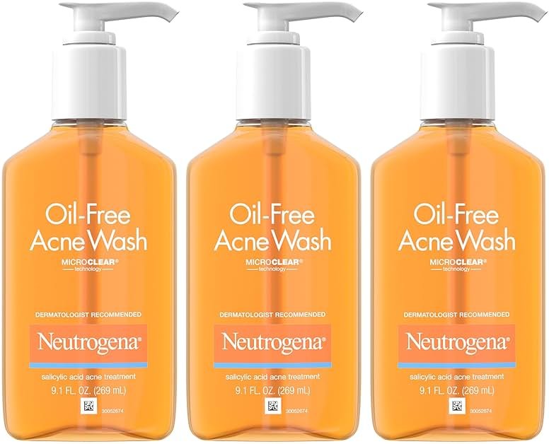 Neutrogena Oil Free Acne Face Wash for Oily Skin, Acne Control Cleanser with Salicylic Acid Noncomedogenic Residue-Free Facial Cleanser in Easy-Pump Bottles, 3 pack of 9.1 fl oz - Product Image