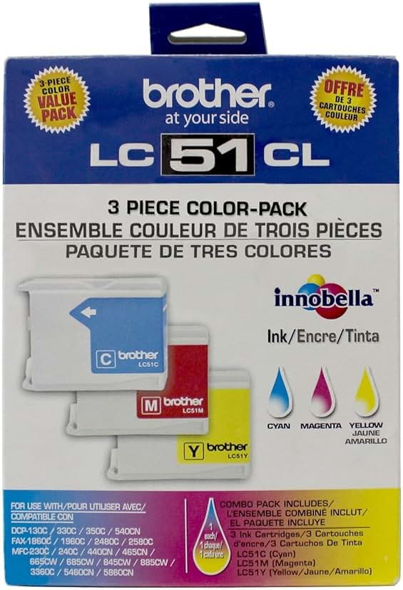Brother Genuine Standard Yield 3 Pack Color -Ink -Cartridges, LC513PKS, Includes 1 -Cartridge Each of Cyan, Magenta & Yellow, Page Yield Up To 400 Pages/ -Cartridge, Amazon Dash Replenishment -Cartridge, LC51 - Product Image
