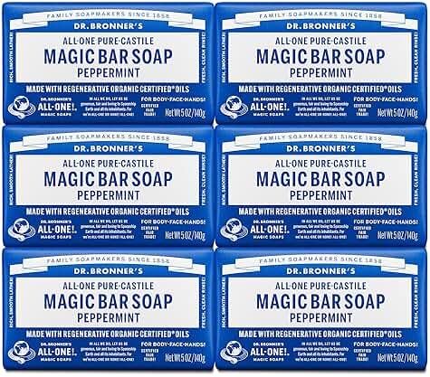 Dr. Bronner's Pure-Castile Magic Soap Bars (Peppermint, 5 oz, 6-Pack) - Made with Regenerative Organic Certified Oils - For Face, Body & Hair - Gentle, Vegan - Bar Soaps for Men & Women - Product Image