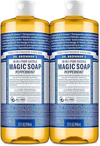 Dr. Bronner's Pure-Castile Magic Liquid Soap- Made with Regenerative Organic Oils- For Body, Face, Hair, Dishes, Pets, Laundry Natural, Vegan, Non-GMO - Peppermint, 32 oz (2-Pack) - Product Image