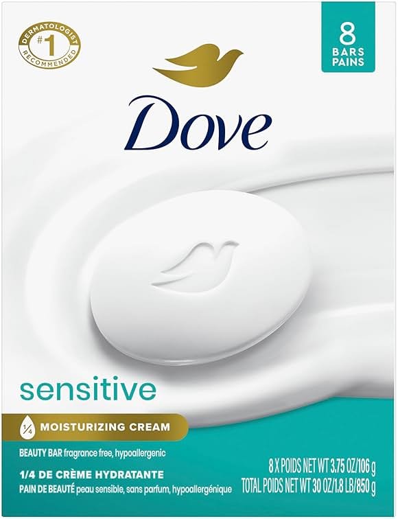 Dove Beauty Bar Soap Sensitive, 8 Bars for Sensitive Skin, Fragrance Free and Hypoallergenic 3.75 oz | For sensitive skin, Helps cleanse gently, With 1/4 moisturizing cream, For face, body & hands, Fragrance-free - Product Image