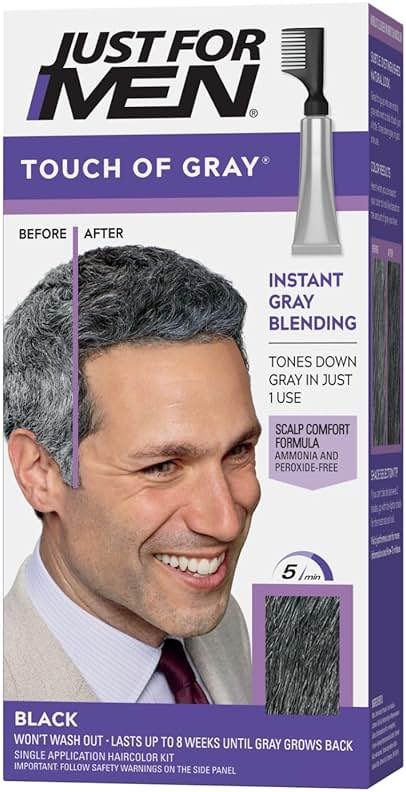 Just For Men Touch of Gray, Mens Hair Color Kit with Comb Applicator for Easy Application, Great for a Salt and Pepper Look - Black, T-55, Pack of 1 - Product Image
