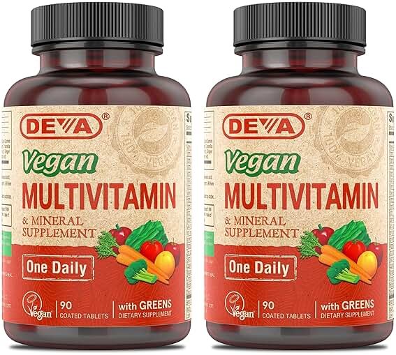 DEVA Vegan Multivitamin & Mineral Supplement with Iron 2-Pack, Spirulina, Chlorella, Ashwagandha, Broccoli & More, 90 Coated Tablets Each - Product Image