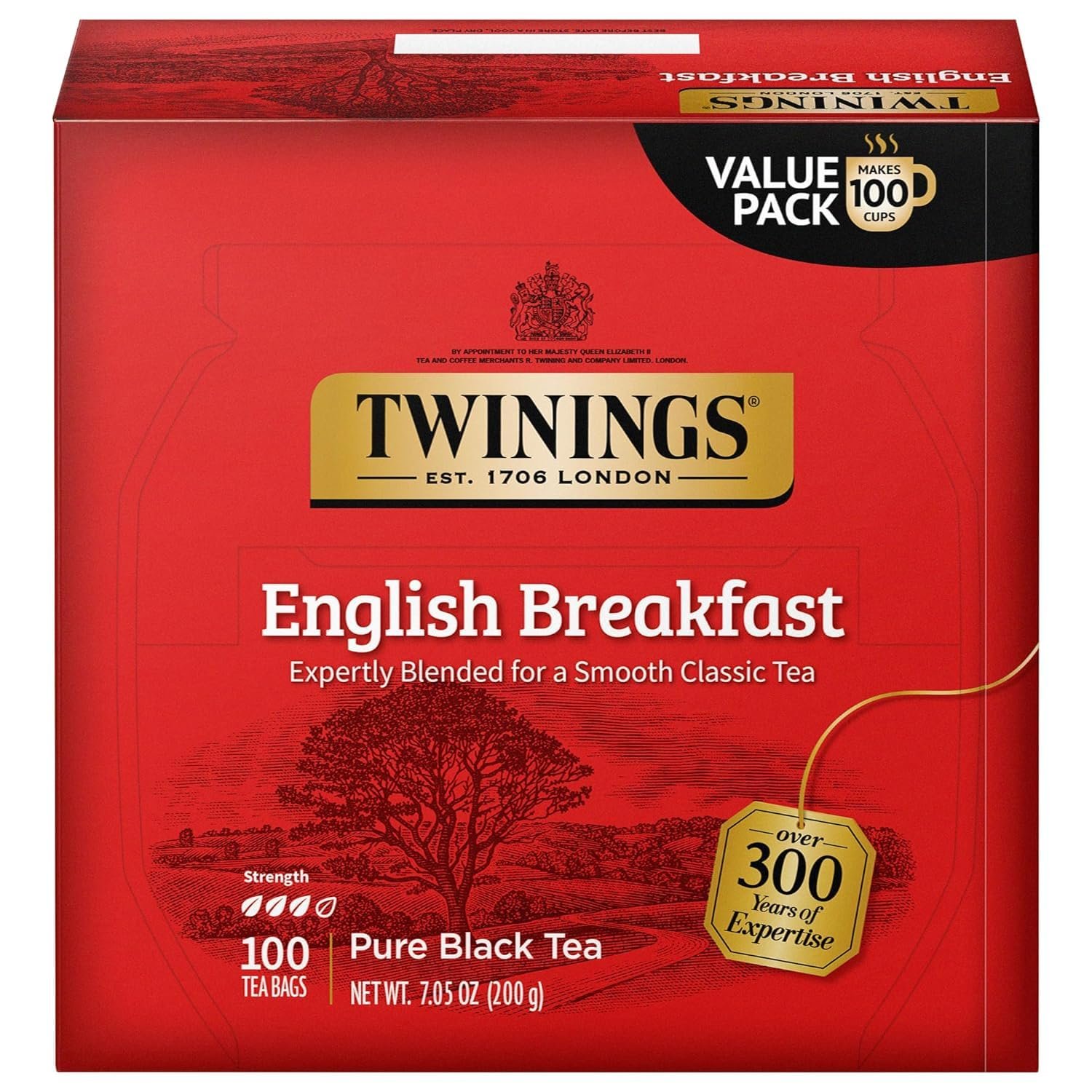 Twinings English Breakfast Black Tea Individually Wrapped Bags, 100 Count (Pack of 1), Smooth, Flavourful, and Robust, Caffeinated, Enjoy Hot or Iced, 100 Teabags - Product Image