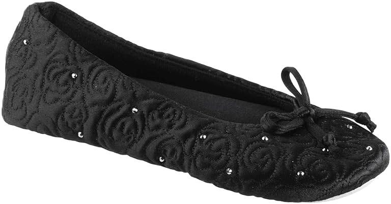 isotoner Women's Rose Quilted Ballerina Slippers With Rhinestone Embellishment and Genuine Suede Sole - Product Image