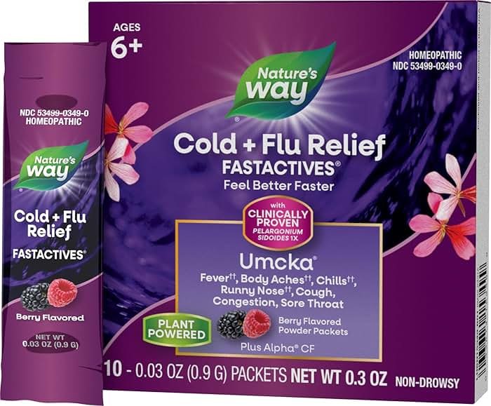 Nature's Way Cold + Flu Relief FastActives, Umcka, Homeopathic, Fever*, Sore Throat, Cough, Congestion, Phenylephrine Free, Non-Drowsy, Berry Flavored, 10 Packets (Packaging May Vary) - Product Image