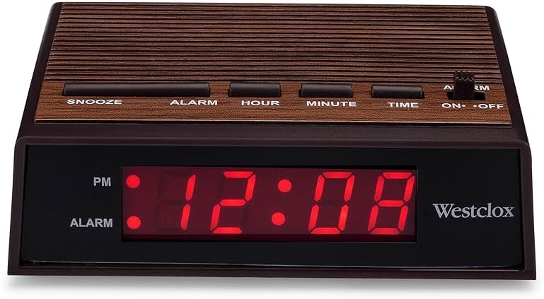 Westclox Retro Wood Style Small Night Table Alarm Clock with Red LED Display, 9-Minute Snooze, Battery Backup, Easy Electric Operation for Bedroom, Home or Office – Woodgrain - Product Image