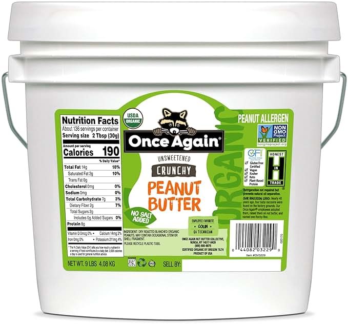 Once Again Organic Crunchy Peanut Butter, 9lbs (same as 9 jars) - Salt Free, Unsweetened - USDA Organic, Gluten Free Certified, Vegan, Kosher - Product Image