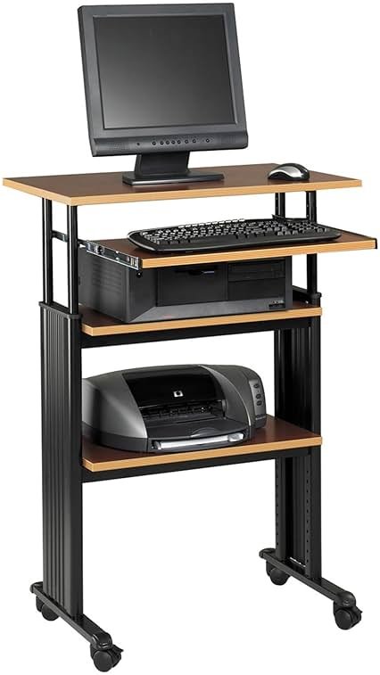 Safco 1929CY MUV Mobile Stand-Up Height-Adjustable Desk,Keyboard Storage, Steel Frame Construction, Durable Melamine Laminate Work Surface, 4 Wheels, Narrow Design - Product Image