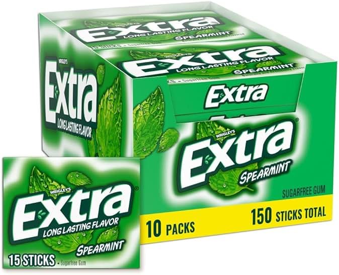Extra Gum Spearmint Sugarfree Gum Bulk, Individually Wrapped, Perfect for Long Lasting Fresh Breath at School, Work & Travel 15 Count, Pack of 10 - Product Image