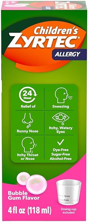 Zyrtec Children's Liquid, Kid's Antihistamine Syrup, Dye-, Sugar-, and Alcohol-Free, Pleasant Bubble Gum Flavor, Contains Cetirizine HCl Suitable for Ages 2 Years and Up, 4 fl oz Bottle - Product Image