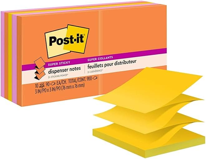 Post-it Super Sticky Dispenser Pop-up Notes, 10 Sticky Note Pads, 3 x 3 in., 2X the Sticking Power, School Supplies and Oﬃce Products, Use with Post-it Note Dispensers, Energy Boost Collection - Product Image