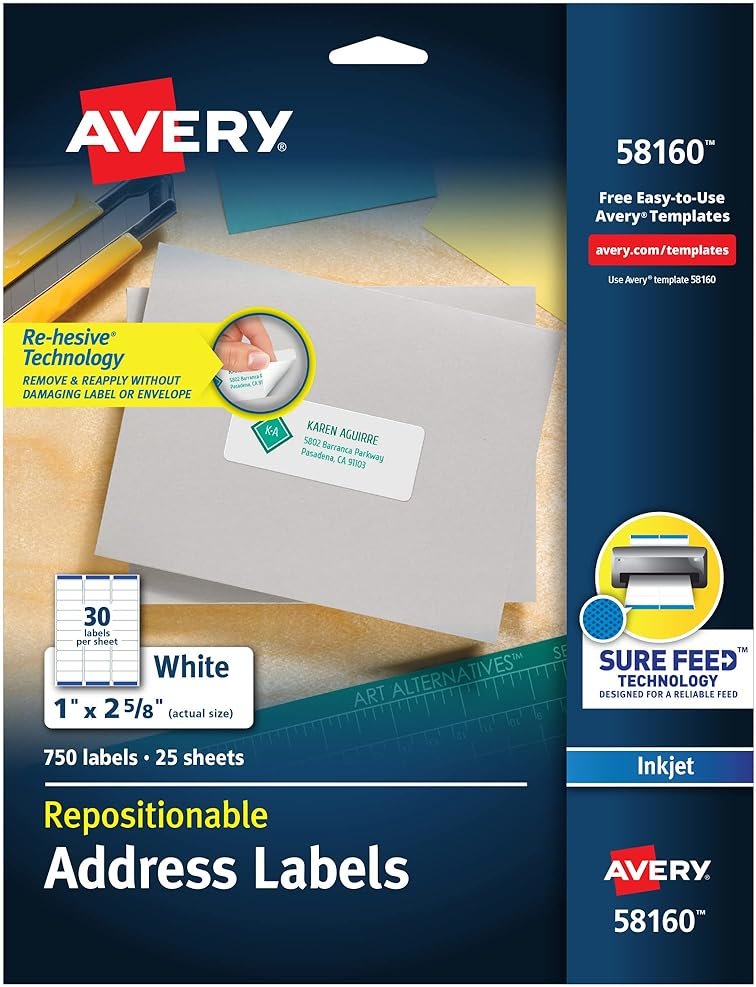 Avery Repositionable Printable Address Labels, Sure Feed Technology, 1" x 2-5/8", White, 750 Blank Mailing Labels (58160) - Product Image