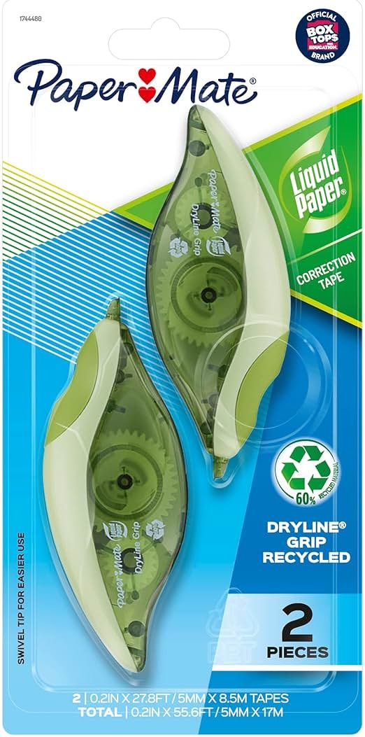 Paper Mate Liquid Paper DryLine Grip Correction Tape, Mess-Free, Recycled, 2 Count - Home, Office, Teacher Supplies, College Essentials - Product Image