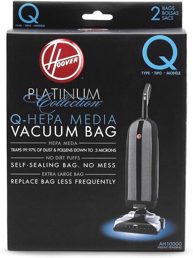 Hoover Vacuum Cleaner Bags for Platinum Upright Vacs, Pack of 2, Type Q, Hepa Filtration, Part # AH10000, Hoover Vacuum Bags Refill - Product Image